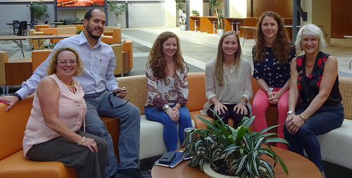 (L-R, Sarah Fedele, Heath Combs, Kati Tsiolkas, Taylor Logeman, Kaitlin Hemric, Debbie Pullen at Wake Forest Innovation Quarter)